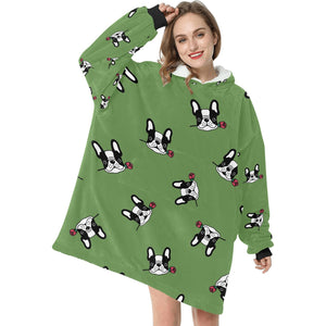 Red Rose Pied Black and White Frenchies Blanket Hoodie for Women - 4 Colors-Apparel-Apparel, Blankets, French Bulldog-Green-5