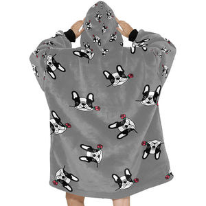 Red Rose Pied Black and White Frenchies Blanket Hoodie for Women-Apparel-Apparel, Blankets-14