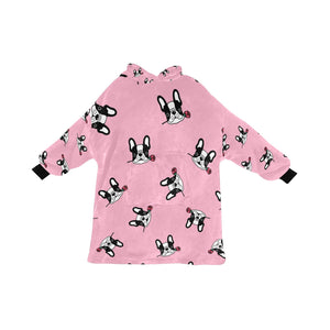 Red Rose Pied Black and White Frenchies Blanket Hoodie for Women-Apparel-Apparel, Blankets-LightPink-ONE SIZE-1