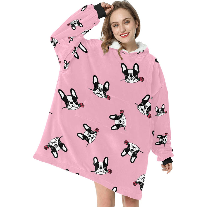 Red Rose Pied Black and White Frenchies Blanket Hoodie for Women-Apparel-Apparel, Blankets-3