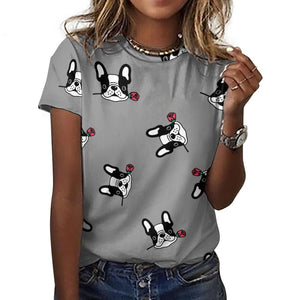 Red Rose Pied Black and White Frenchies Love All Over Print Women's Cotton T-Shirt - 4 Colors-Apparel-Apparel, French Bulldog, Shirt, T Shirt-18