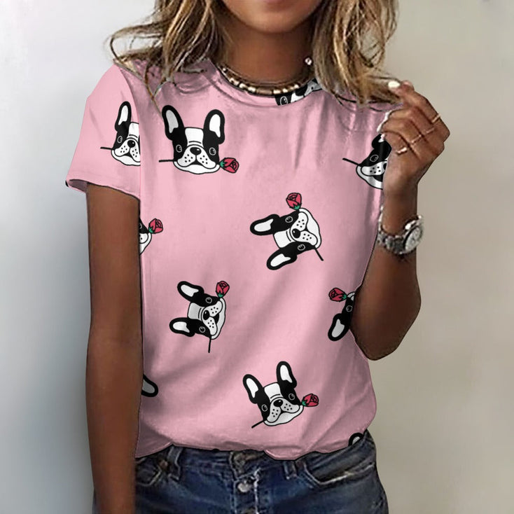 Red Rose Pied Black and White Frenchies Love All Over Print Women's Cotton T-Shirt - 4 Colors-Apparel-Apparel, French Bulldog, Shirt, T Shirt-Pink-2XS-2