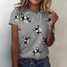 Load image into Gallery viewer, Red Rose Pied Black and White Frenchies Love All Over Print Women&#39;s Cotton T-Shirt - 4 Colors-Apparel-Apparel, French Bulldog, Shirt, T Shirt-Gray-2XS-4