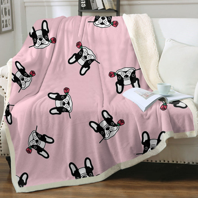 Red Rose Pied Black and White Frenchies Love Soft Warm Fleece Blanket - 4 Colors-Blanket-Blankets, French Bulldog, Home Decor-Soft Pink-Small-1