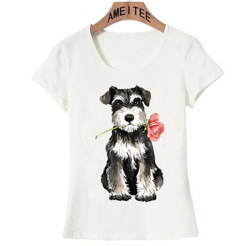 Image of a Schnauzer t-shirt featuring the cutest Schnauzer with a red rose design