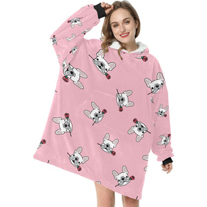 Red Rose White Frenchies Love Blanket Hoodie for Women-Apparel-Apparel, Blankets-3