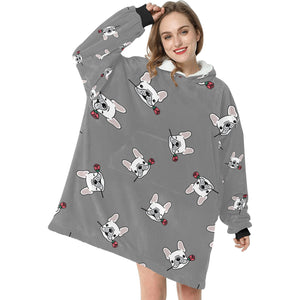 Red Rose White Frenchies Love Blanket Hoodie for Women-Apparel-Apparel, Blankets-12