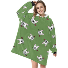 Load image into Gallery viewer, Red Rose White Frenchies Love Blanket Hoodie for Women - 4 Colors-Apparel-Apparel, Blankets, French Bulldog-Green-1