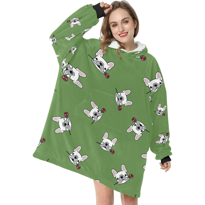 Red Rose White Frenchies Love Blanket Hoodie for Women - 4 Colors-Apparel-Apparel, Blankets, French Bulldog-Green-1