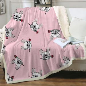 Red Rose White Frenchies Love Soft Warm Fleece Blanket - 4 Colors-Blanket-Blankets, French Bulldog, Home Decor-15