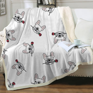 Red Rose White Frenchies Love Soft Warm Fleece Blanket - 4 Colors-Blanket-Blankets, French Bulldog, Home Decor-16