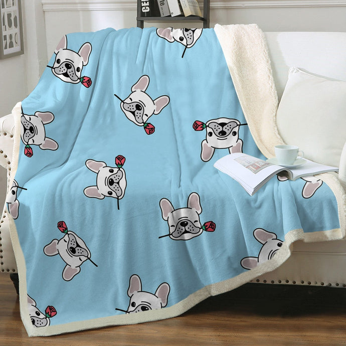 Red Rose White Frenchies Love Soft Warm Fleece Blanket - 4 Colors-Blanket-Blankets, French Bulldog, Home Decor-Sky Blue-Small-1