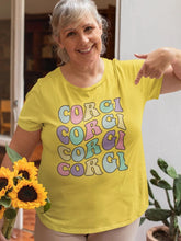 Load image into Gallery viewer, Retro Groovy Corgi Mom Women&#39;s Cotton T-Shirt-Apparel-Apparel, Corgi, Shirt, T Shirt-Yellow-Small-1