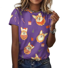 Load image into Gallery viewer, Rolly Polly Christmas Corgis All Over Print Women&#39;s Cotton T-Shirt - 4 Colors-Apparel-Apparel, Christmas, Corgi, Shirt, T Shirt-15