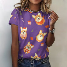 Load image into Gallery viewer, Rolly Polly Christmas Corgis All Over Print Women&#39;s Cotton T-Shirt - 4 Colors-Apparel-Apparel, Christmas, Corgi, Shirt, T Shirt-2XS-DarkSlateBlue-3