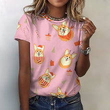 Load image into Gallery viewer, Rolly Polly Christmas Corgis All Over Print Women&#39;s Cotton T-Shirt - 4 Colors-Apparel-Apparel, Christmas, Corgi, Shirt, T Shirt-2XS-Pink-1