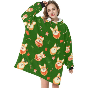 Rolly Polly Christmas Corgis Blanket Hoodie for Women-3