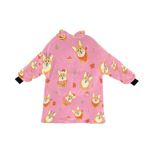 Rolly Polly Christmas Corgis Blanket Hoodie for Women-LightPink-ONE SIZE-1