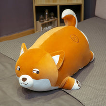 Load image into Gallery viewer, Image of a super cute Shiba Inu stuffed animal plush toy pillow sitting on the bed