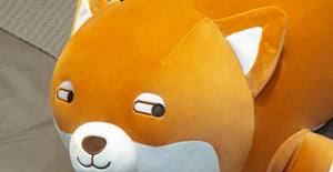 Close image of the face of super cute Shiba Inu plush toy stuffed animal pillow