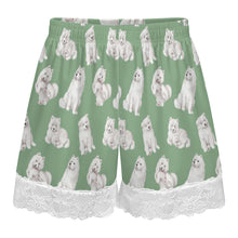 Load image into Gallery viewer, Samoyed Shorts for Women - Lace Trim Design - Watercolor Elegance Samoyeds-Pajamas-Apparel,Dog Mom Gifts,Pajamas,Samoyed-12