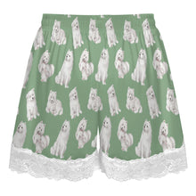 Load image into Gallery viewer, Samoyed Shorts for Women - Lace Trim Design - Watercolor Elegance Samoyeds-Pajamas-Apparel,Dog Mom Gifts,Pajamas,Samoyed-13