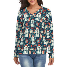 Load image into Gallery viewer, Santa Paws Parade Lhasa Apso Women's V-Neck Christmas Sweater-Apparel-Apparel,Christmas,Dog Mom Gifts,Lhasa Apso,Sweater,Sweatshirt-S-White1-1