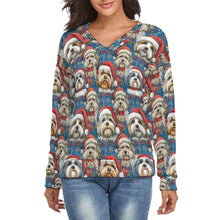 Load image into Gallery viewer, Santa's Little Helpers Shih Tzu Women's V-Neck Christmas Sweater-Apparel-Apparel,Christmas,Dog Mom Gifts,Shih Tzu,Sweater,Sweatshirt-S-White-1