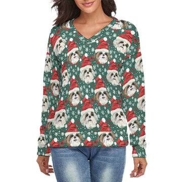 Santas Little Yelpers Lhasa Apsos Womens V Neck Christmas Sweater S White7 360x