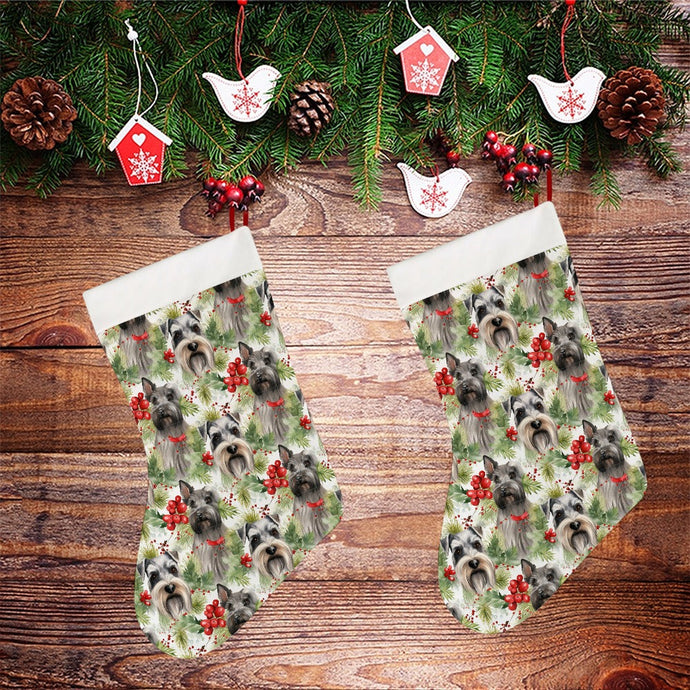 Schnauzer Holly Jamboree Christmas Stocking-Christmas Ornament-Christmas, Home Decor, Schnauzer-26X42CM-White-2
