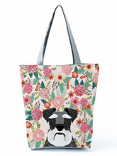 Load image into Gallery viewer, Image of a Schnauzer tote bag in a most adorable Schnauzer in bloom design