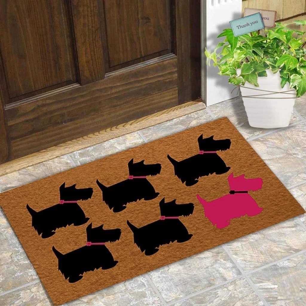 Image of a super cute Scottie Dog doormat in five black and one pink Scottish Terrier design, kept outside a room
