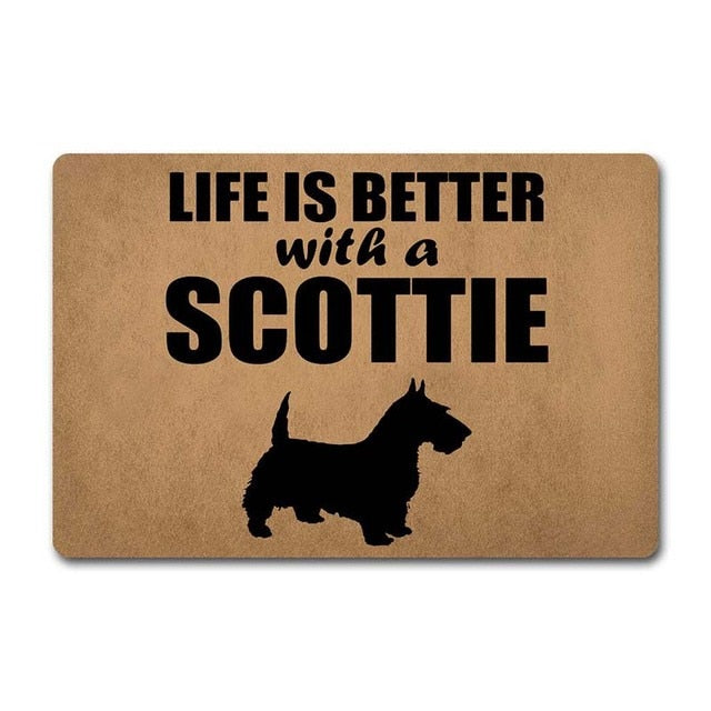 Image of scottie dog doormat with the text 'life is better with a scottie' on it
