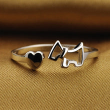 Load image into Gallery viewer, Image of a Scottie dog jewelry ring in Scottish Terrier and heart design made with 925 sterling silver