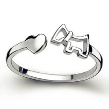 Load image into Gallery viewer, Image of a silver Scottie dog ring in Scottish Terrier and heart design on white background