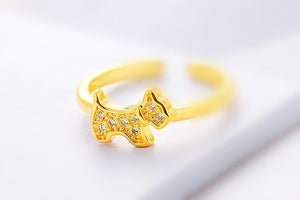 Image of a gold Scottie dog ring in sparkling white-stone studded Scottish Terrier design
