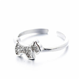 Image of a sterling silver Scottie dog ring in sparkling white-stone studded Scottish Terrier design