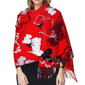 Image of a lady wearing beautiful Scottie dog shawl in infinite Scottish Terriers in all colors design