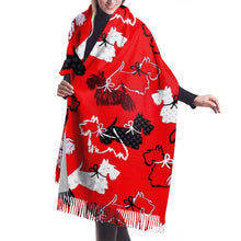 Load image into Gallery viewer, Image of a lady wearing a super cute Scottie dog shawl in infinite Scottish Terriers in all colors design