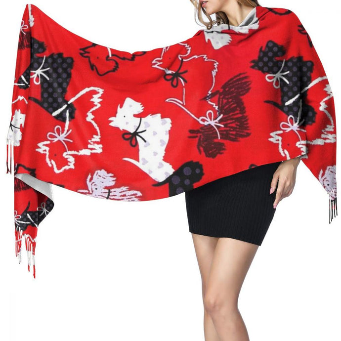 Image of a lady wearing Scottie dog shawl in infinite Scottish Terriers in all colors design