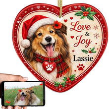 Load image into Gallery viewer, Shetland Sheepdog Christmas Ornament - Love &amp; Joy Heart Shaped Portrait - Personalize with Photo and Name-Christmas Ornament-Christmas,Christmas Ornament,Personalize Artwork,Shetland Sheepdog-1