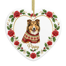 Load image into Gallery viewer, Shetland Sheepdog Ornament - Personalized Heart Shaped Christmas Rose Border - with Name-Christmas Ornament-Christmas,Christmas Ornament,Personalize Artwork,Shetland Sheepdog-4
