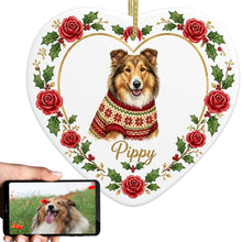 Load image into Gallery viewer, Shetland Sheepdog Ornament - Personalized Heart Shaped Christmas Rose Border - with Name-Christmas Ornament-Christmas,Christmas Ornament,Personalize Artwork,Shetland Sheepdog-1