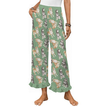 Load image into Gallery viewer, Shiba Inu Pajama Pants for Women - Ruffle Hem Design - Watercolor Delight Shiba Inu-Pajamas-Apparel,Dog Mom Gifts,Pajamas,Shiba Inu-Green-S-13