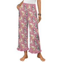 Load image into Gallery viewer, Shiba Inu Pajama Pants for Women - Ruffle Hem Design - Watercolor Delight Shiba Inu-Pajamas-Apparel,Dog Mom Gifts,Pajamas,Shiba Inu-Pink-S-18