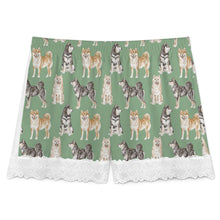 Load image into Gallery viewer, Shiba Inu Shorts for Women - Lace Trim Design - Watercolor Symphony Shiba Inu-Pajamas-Apparel,Dog Mom Gifts,Pajamas,Shiba Inu-11