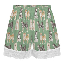 Load image into Gallery viewer, Shiba Inu Shorts for Women - Lace Trim Design - Watercolor Symphony Shiba Inu-Pajamas-Apparel,Dog Mom Gifts,Pajamas,Shiba Inu-12