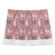 Load image into Gallery viewer, Shiba Inu Shorts for Women - Lace Trim Design - Watercolor Symphony Shiba Inu-Pajamas-Apparel,Dog Mom Gifts,Pajamas,Shiba Inu-16