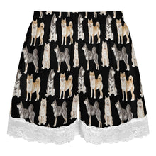 Load image into Gallery viewer, Shiba Inu Shorts for Women - Lace Trim Design - Watercolor Symphony Shiba Inu-Pajamas-Apparel,Dog Mom Gifts,Pajamas,Shiba Inu-22