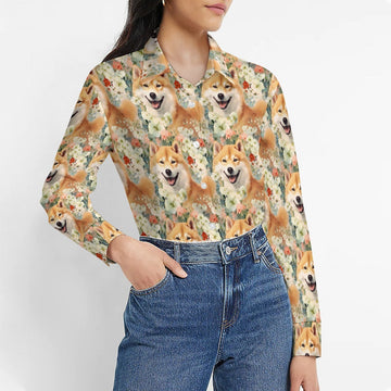 Shiba Inu's Springtime Delight Women's Shirt - 2 Designs-Apparel-Apparel, Shiba Inu, Shirt-Zoom In - Bigger Flowers-S-1